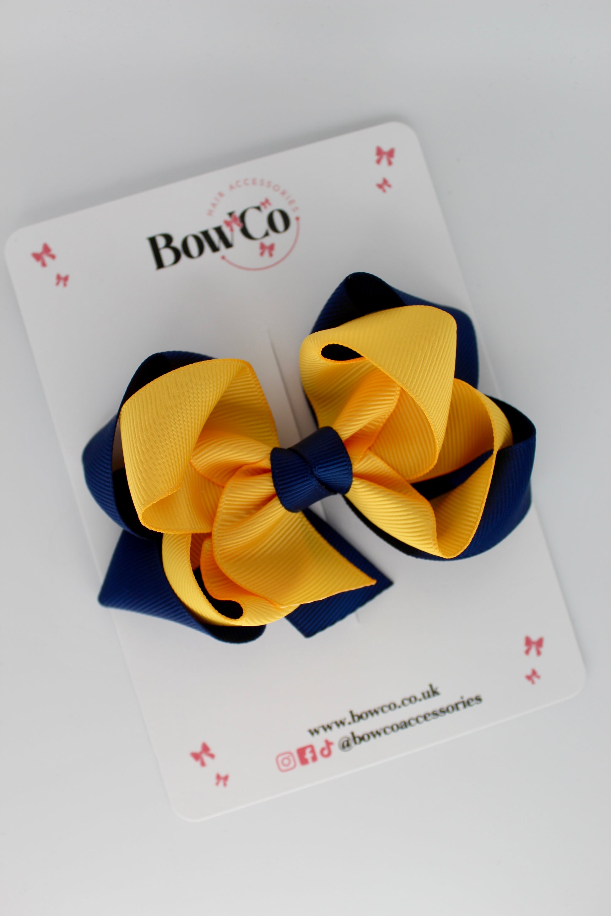 Double Loop School Hair Bow - Clip - Navy and Yellow Gold