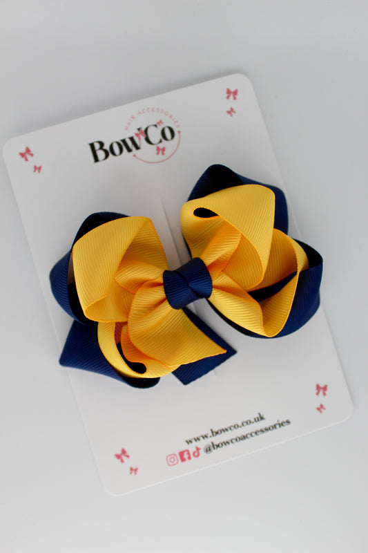 Double Loop School Hair Bow - Clip - Navy and Yellow Gold