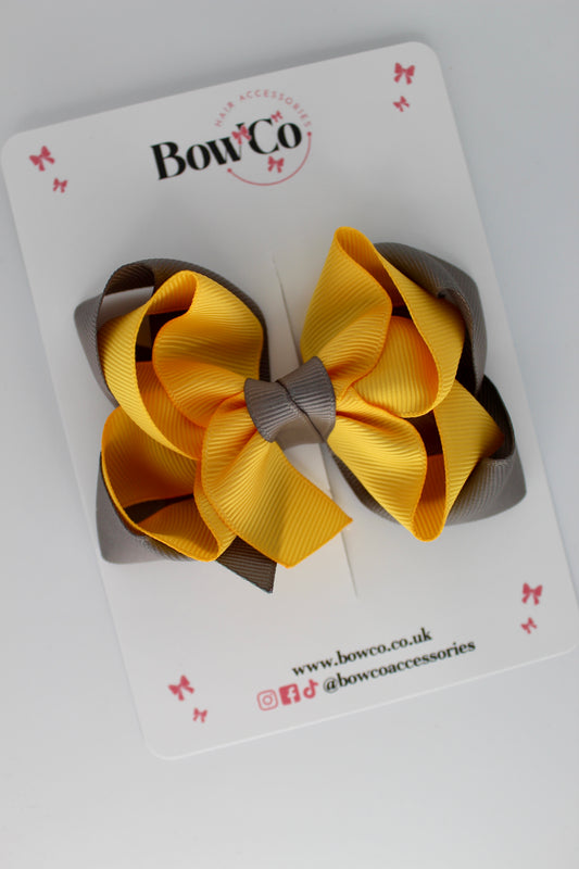 Double Loop School Hair Bow - Clip - Metal Grey and Yellow Gold