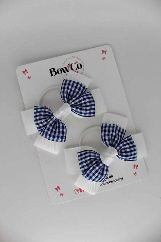 Layer Bow Set - School Bow Navy Blue Gingham - Elastic