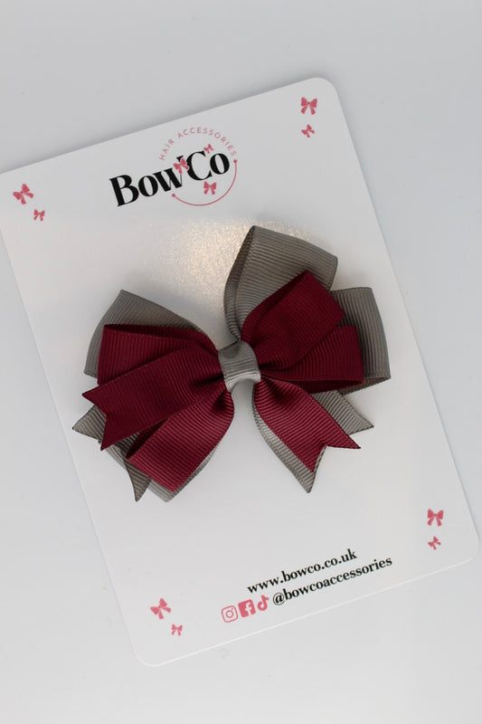 Burgundy and Metal Grey - Double Tail Bow - Clip