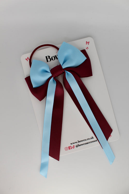 Streamer Tail School Hair Bow – Elastic - Burgundy and Blue Topaz