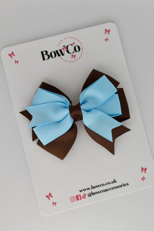 3 Inch Double Tail Bow - Clip - Blue Topaz and Brown