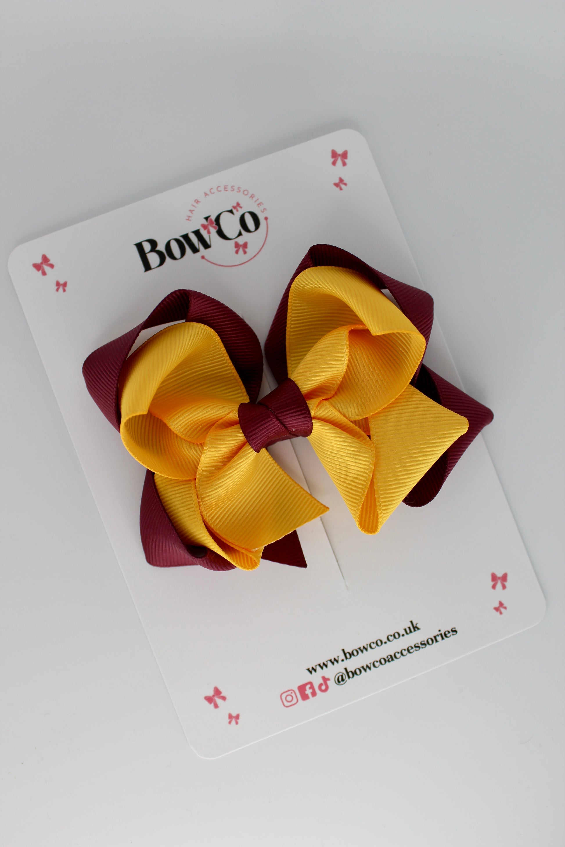 Double Loop School Hair Bow - Clip - Burgundy and Yellow Gold