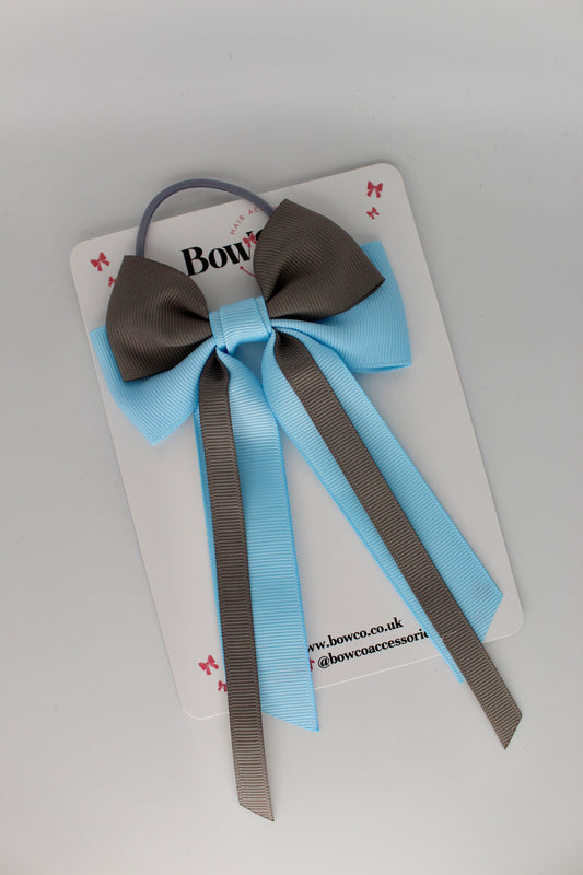 Streamer Tail School Hair Bow – Elastic - Blue Topaz and Metal Grey