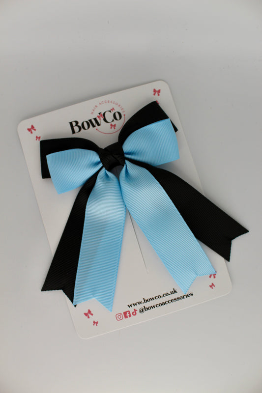 Double Ribbon Tail School Hair Bow – Clip - Black and Blue Topaz