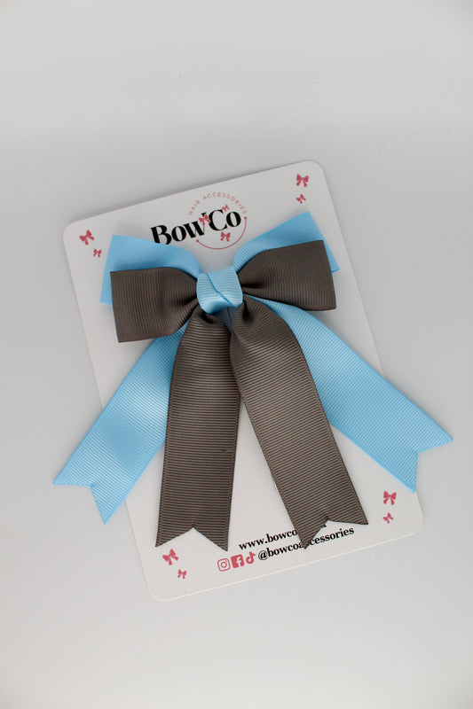 Double Ribbon Tail School Hair Bow – Clip - Blue Topaz and Metal Grey