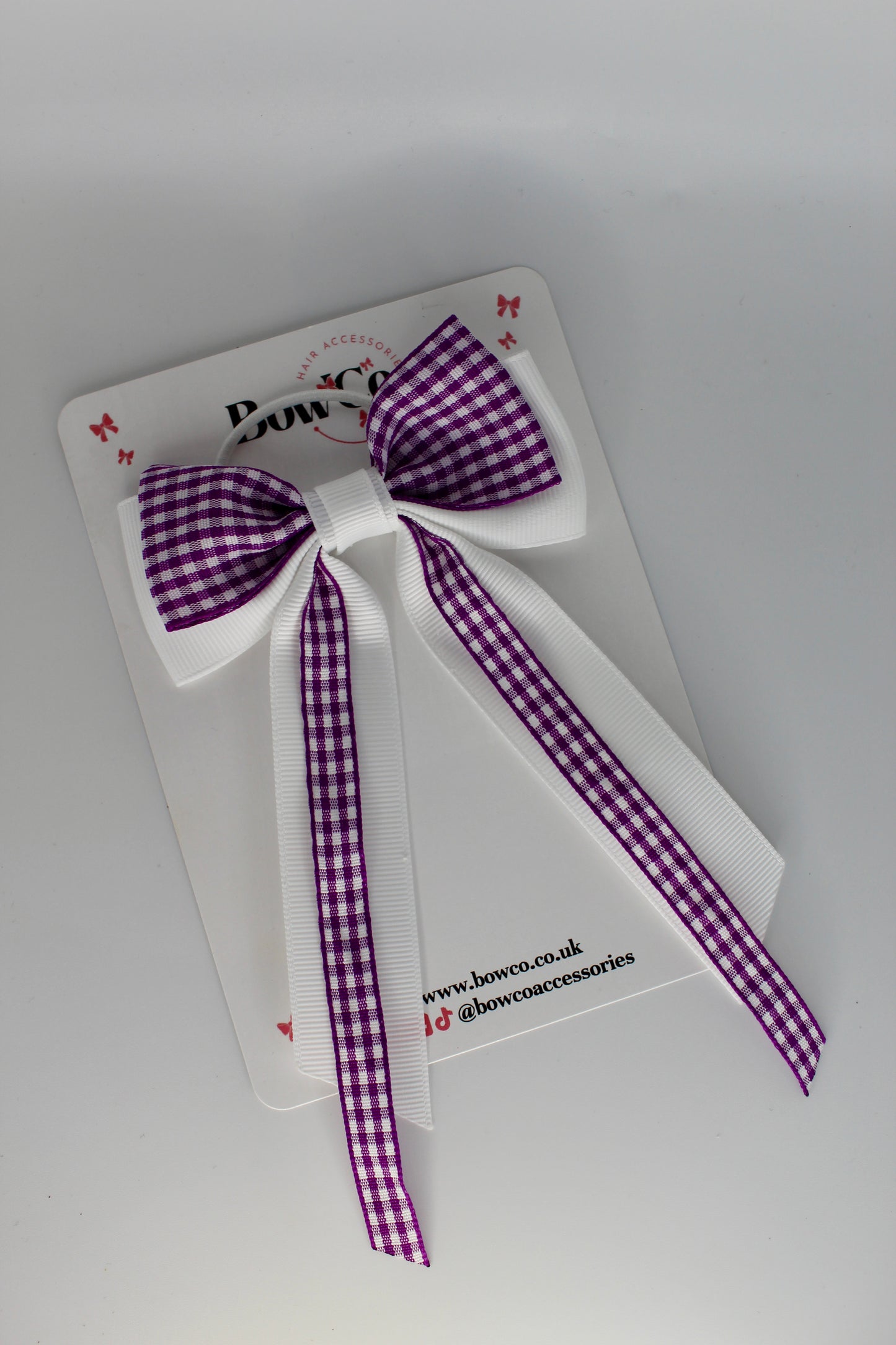 Streamer Tail School Hair Bow - Purple and White Gingham - Elastic