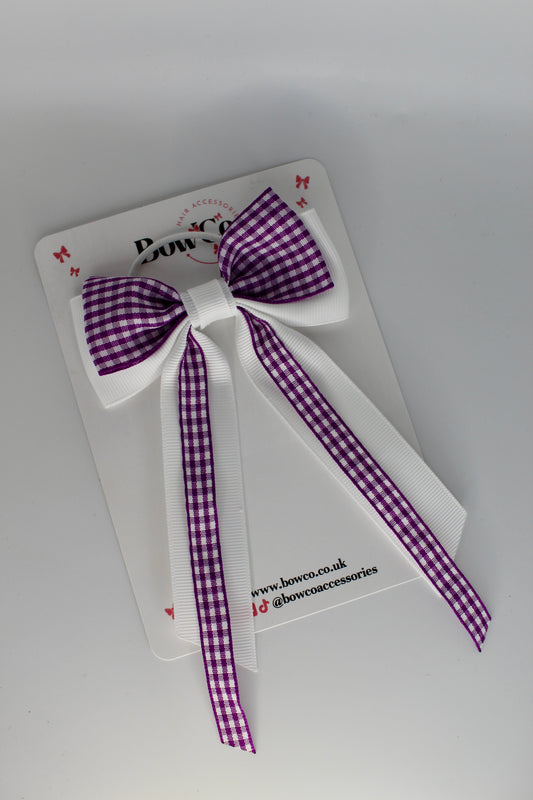 Streamer Tail School Hair Bow - Purple and White Gingham - Elastic