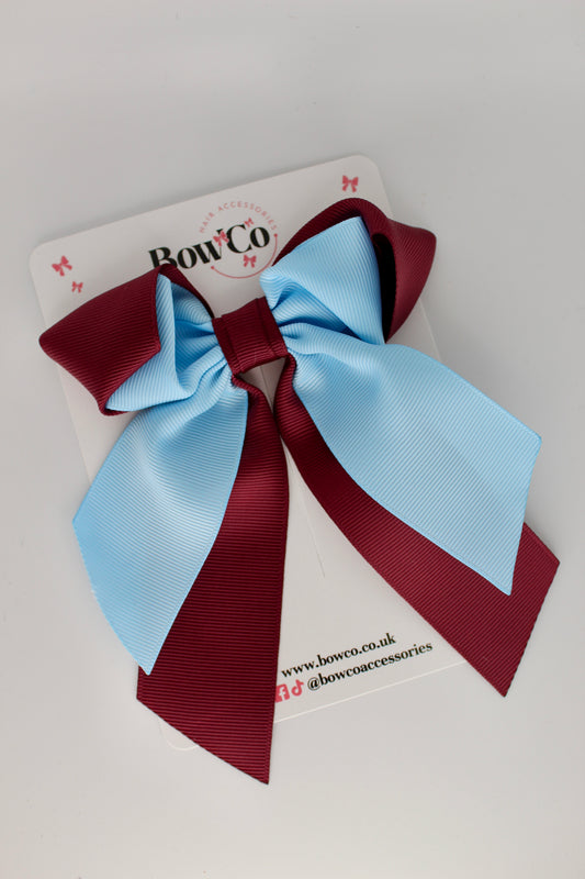 Layer Loop Tail Hair Bow - Clip - Burgundy and Blue Topaz
