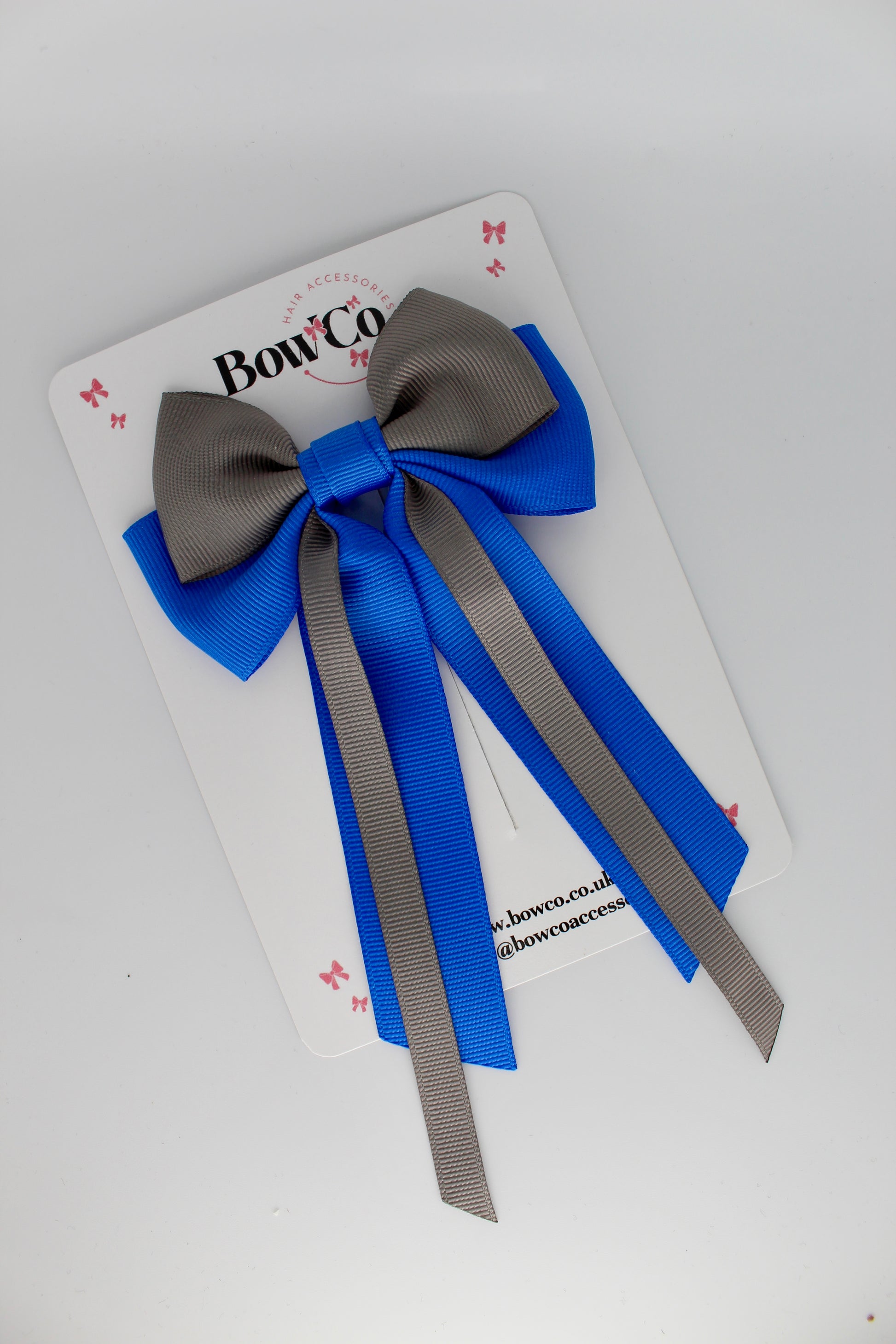 Streamer Tail Bow - Clip - Royal Blue and Metal Grey