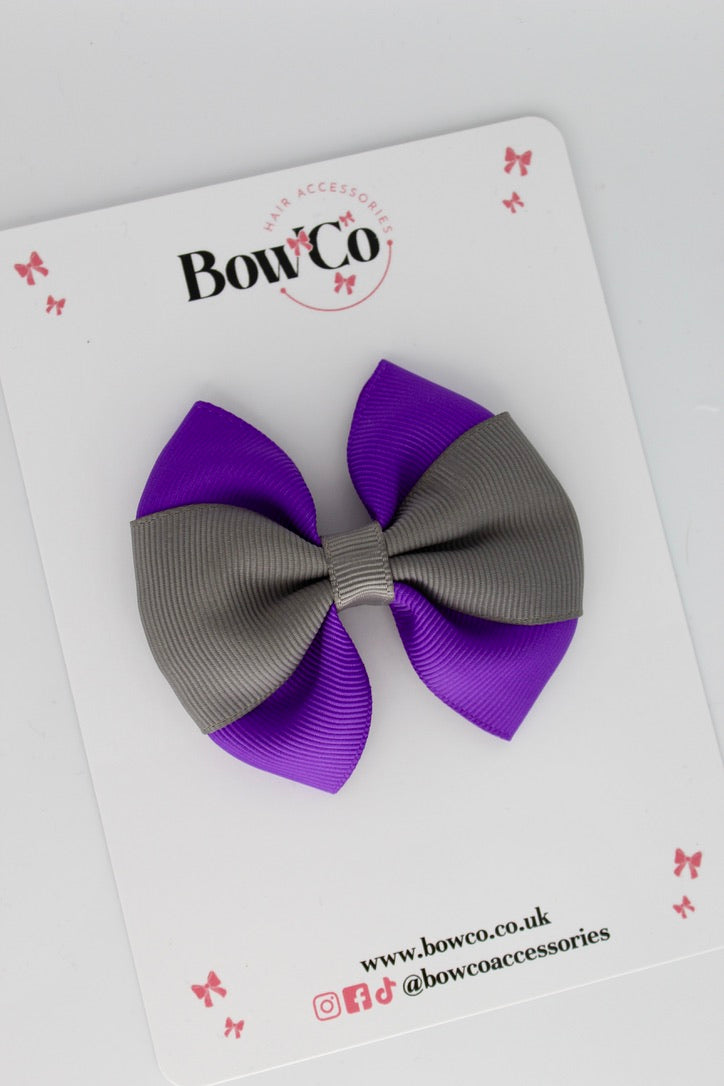 Purple and Metal Grey - Round Tuxedo Bow - Clip