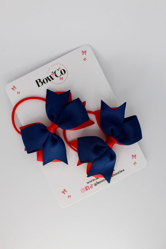Red and Navy Blue - Layer Tail Bow Set - Elastic