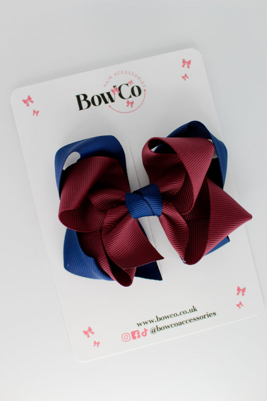 Double Loop School Hair Bow - Clip - Navy and Burgundy
