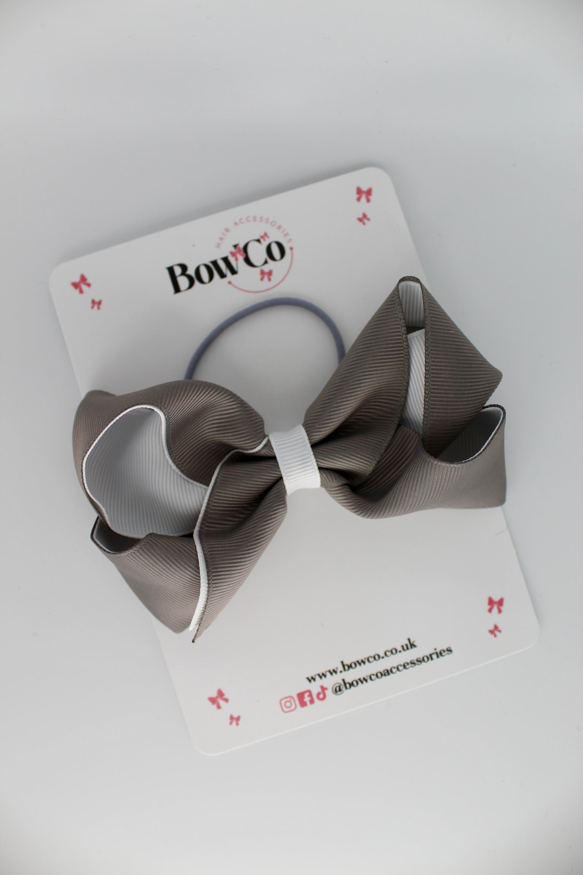 4 Inch Loop Bow - Elastic - Metal Grey and White