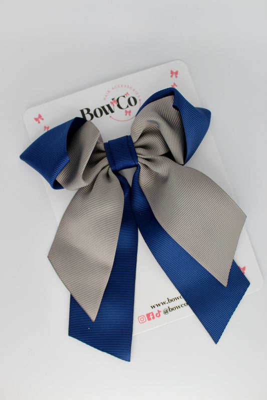 Layer Loop Tail Hair Bow - Clip - Navy Blue and Grey