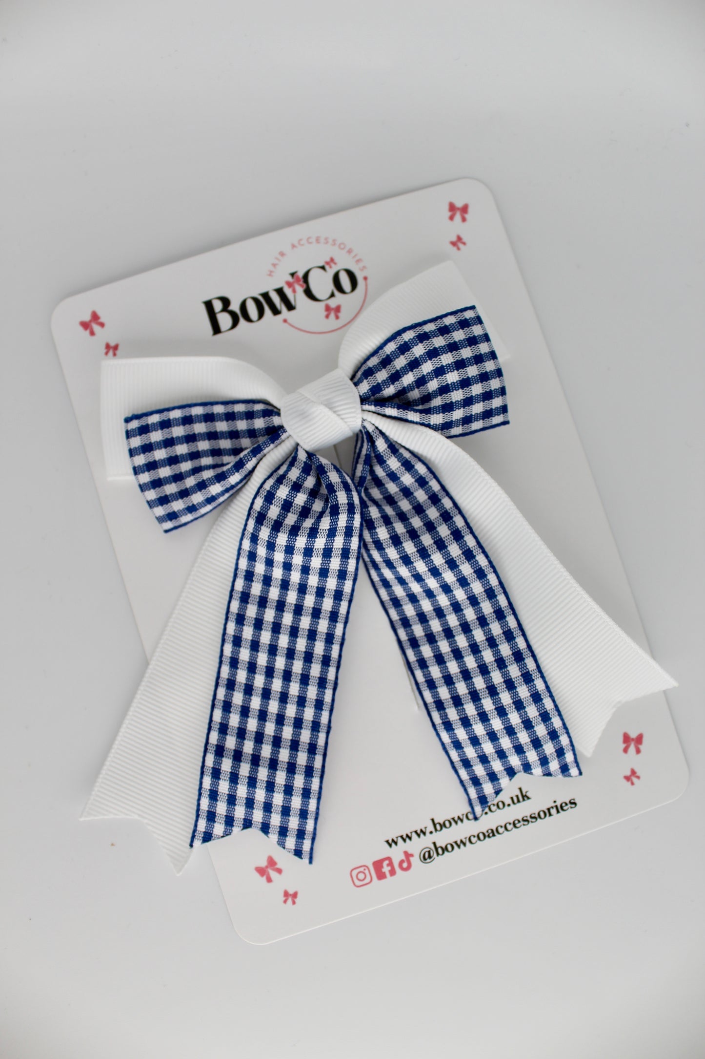 Double Ribbon Tail Bow - Navy Blue Gingham - Clip