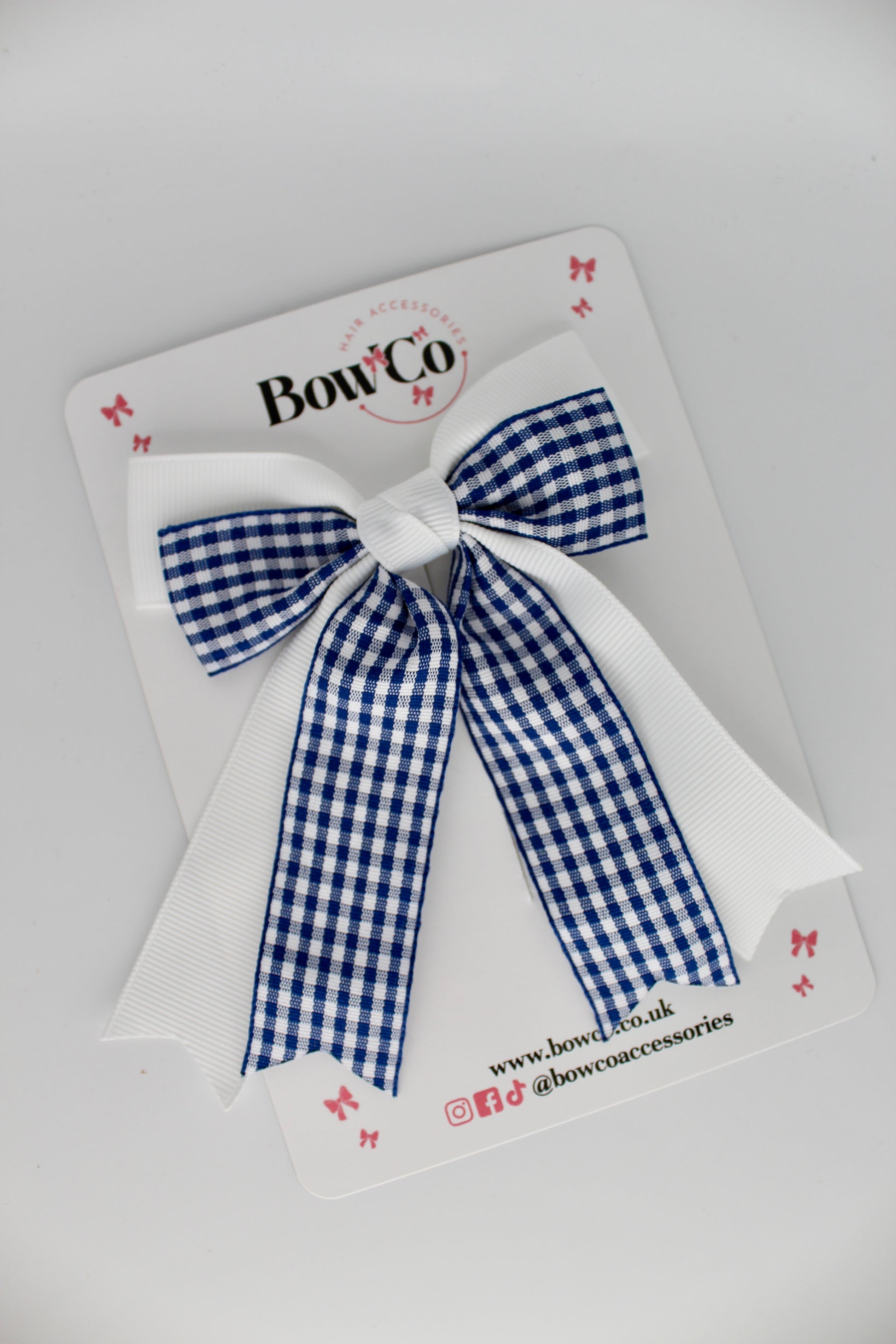 Double Ribbon Tail Bow - Navy Blue Gingham - Clip