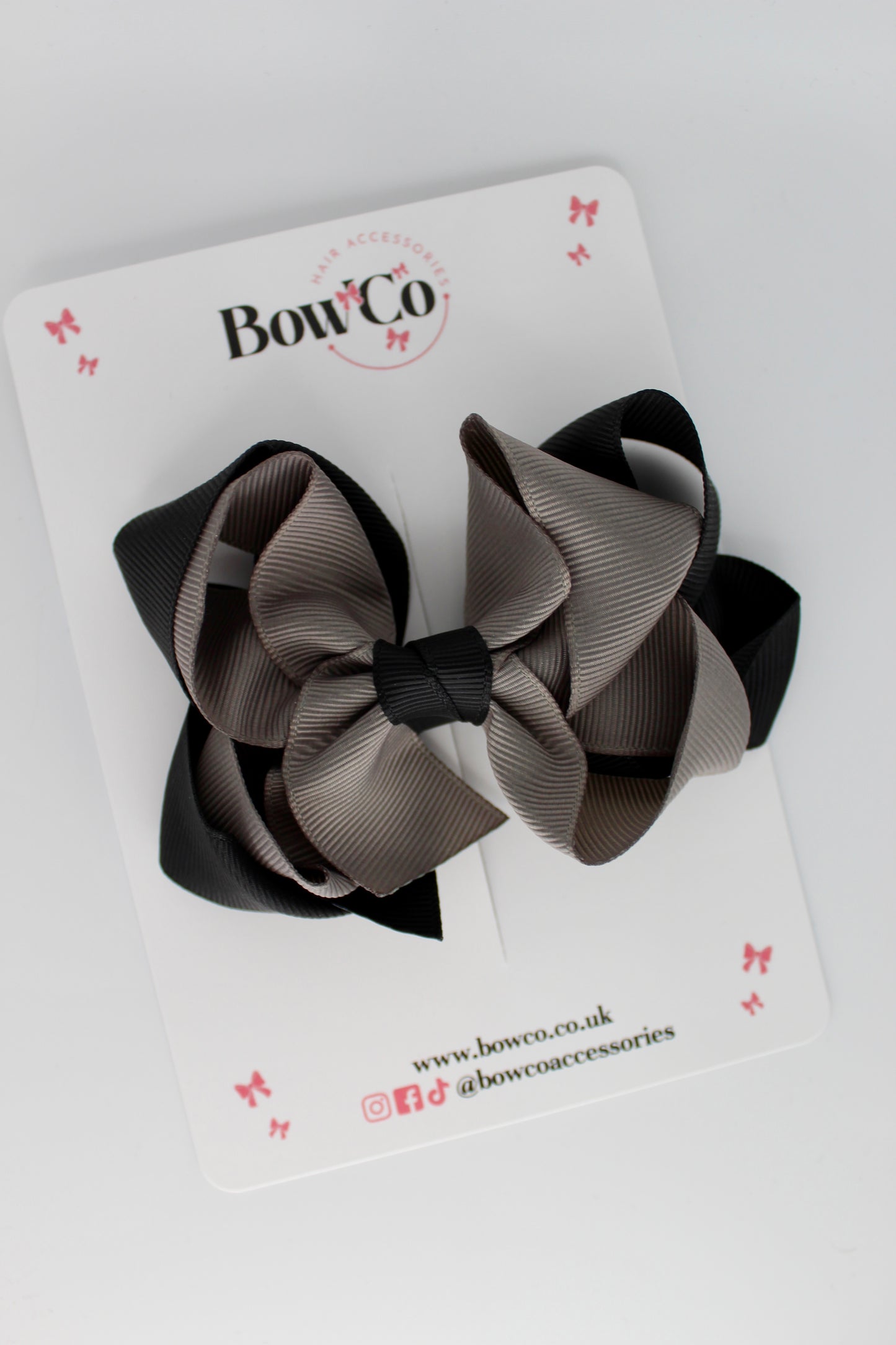 Double Loop School Hair Bow - Clip - Black and Metal Grey