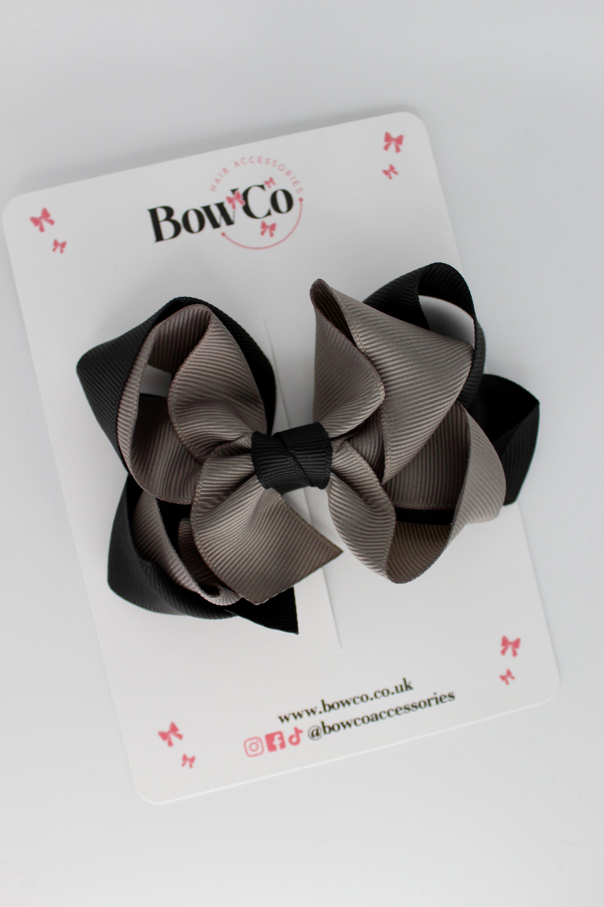 Double Loop School Hair Bow - Clip - Black and Metal Grey