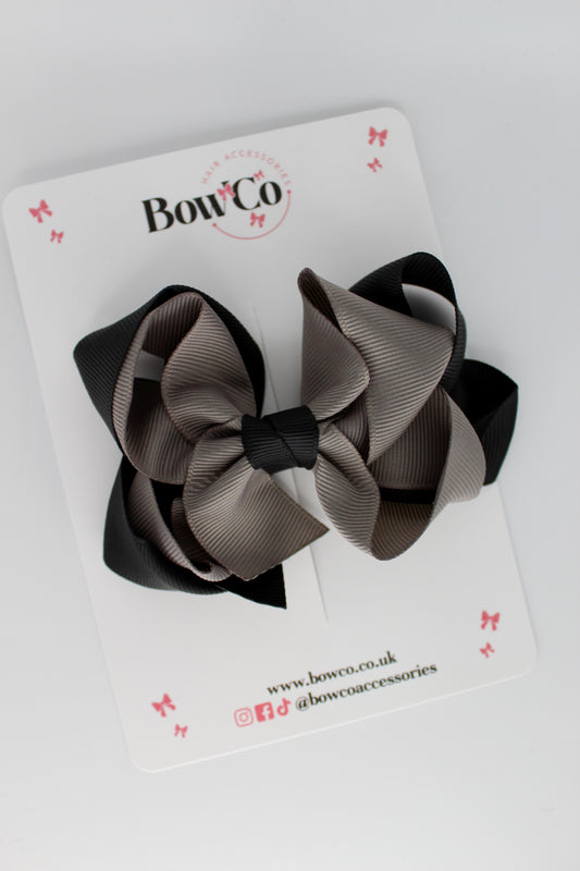 Double Loop School Hair Bow - Clip - Black and Metal Grey