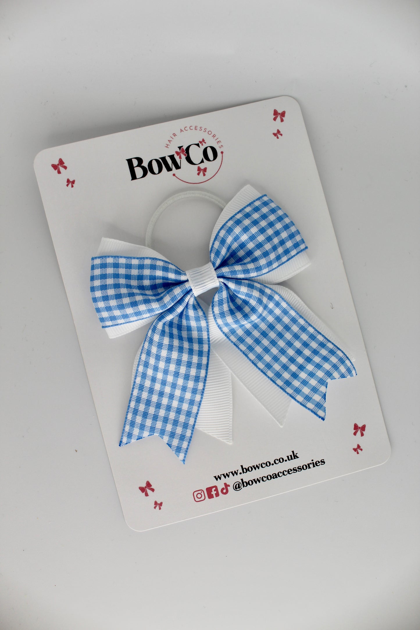 Layer Tail Bow - Light Blue Gingham - Elastic