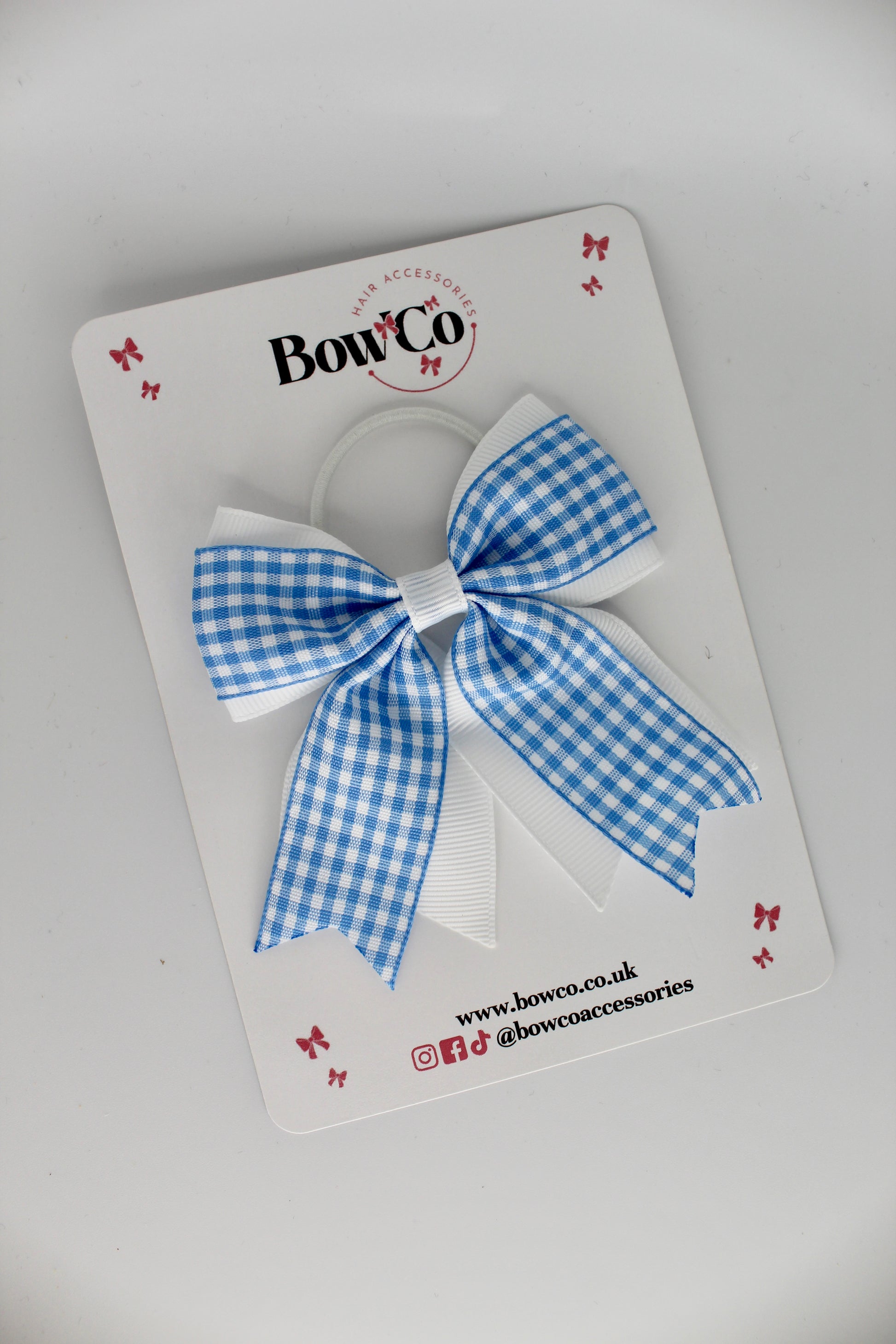 Layer Tail Bow - Light Blue Gingham - Elastic