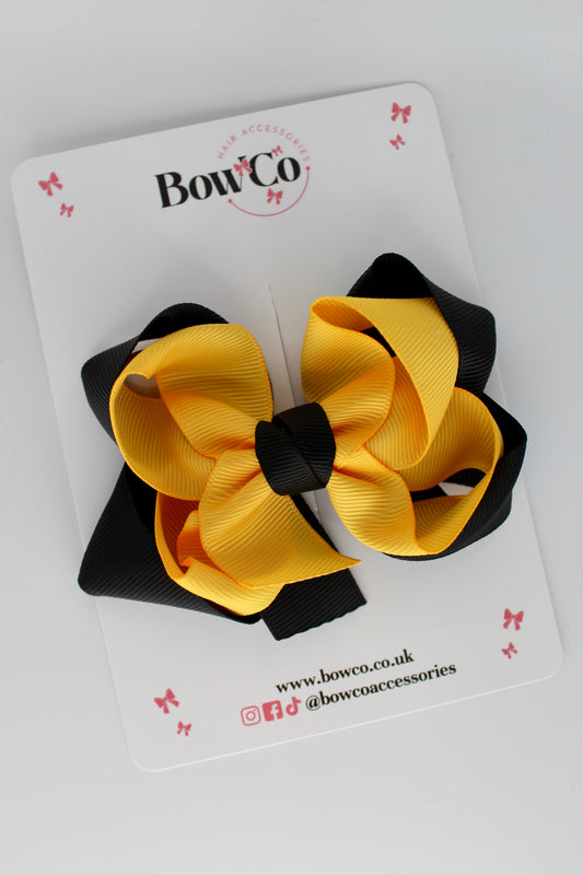 Double Loop School Hair Bow - Clip - Black and Yellow Gold