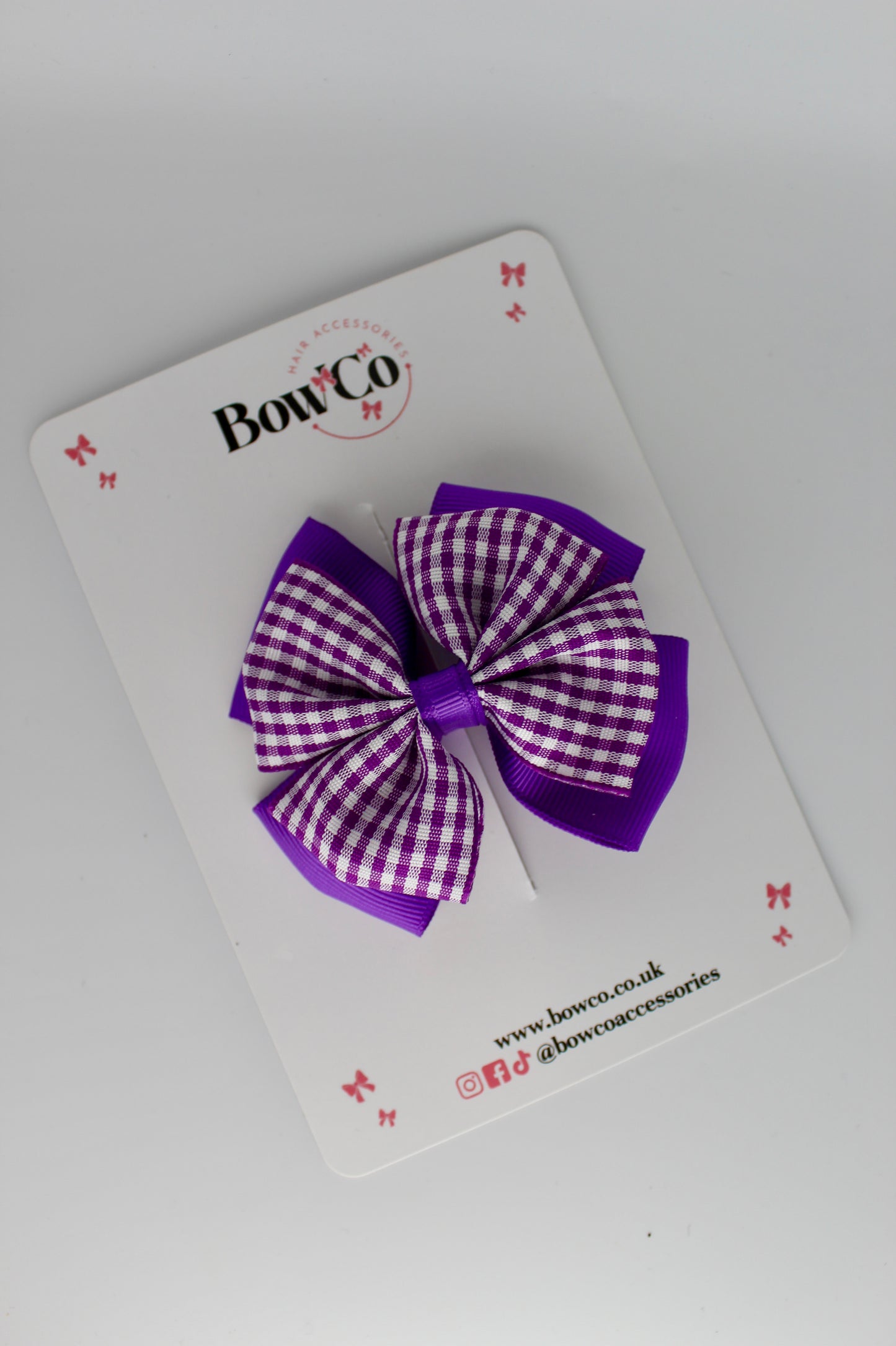 School Purple Bow Gingham - Layer Edge Bow - Elastic
