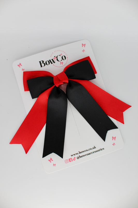 Double Ribbon Tail School Hair Bow – Clip - Red and Black