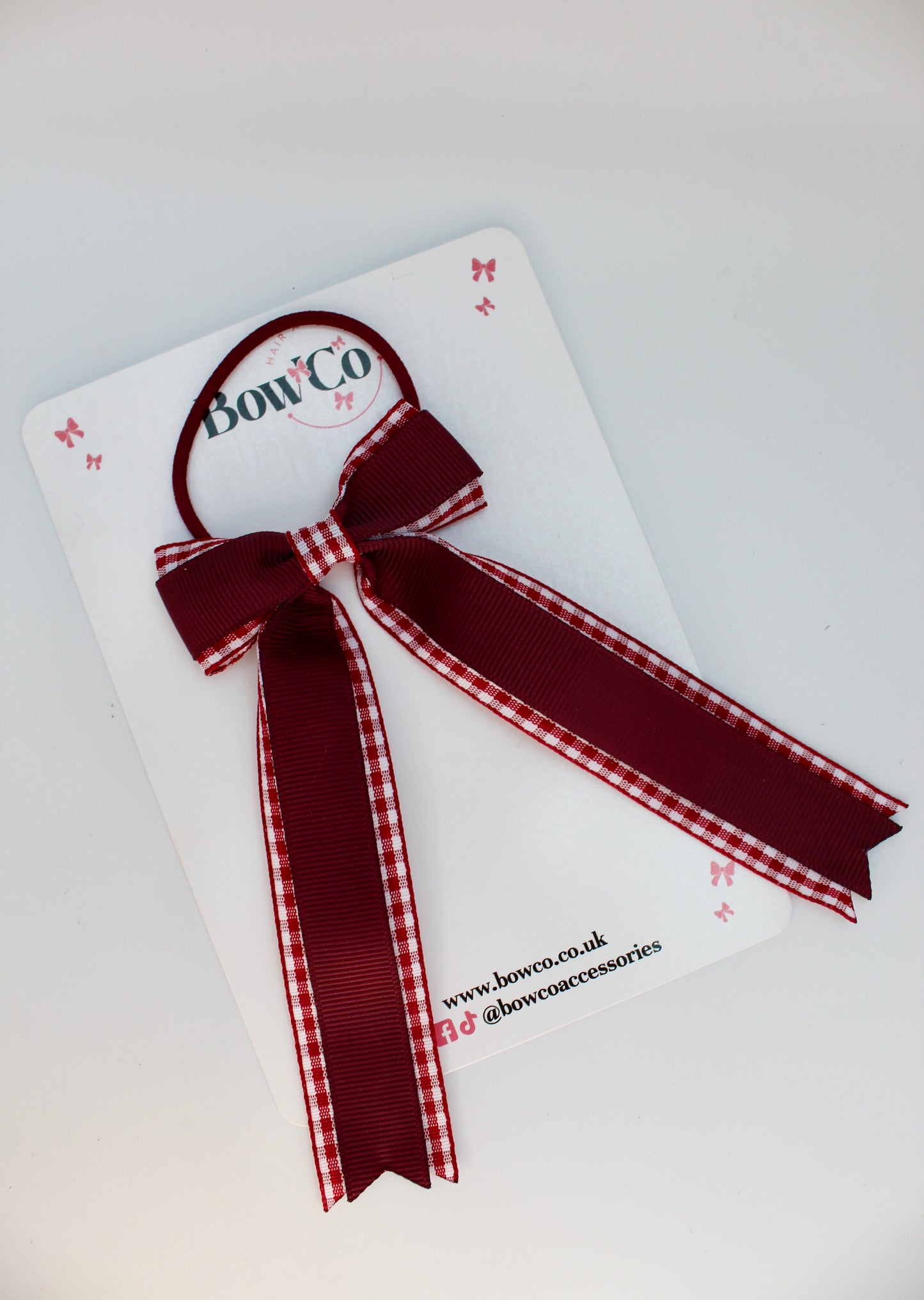 Tuxedo Tail Bow - School Bow Burgundy Gingham - Elastic
