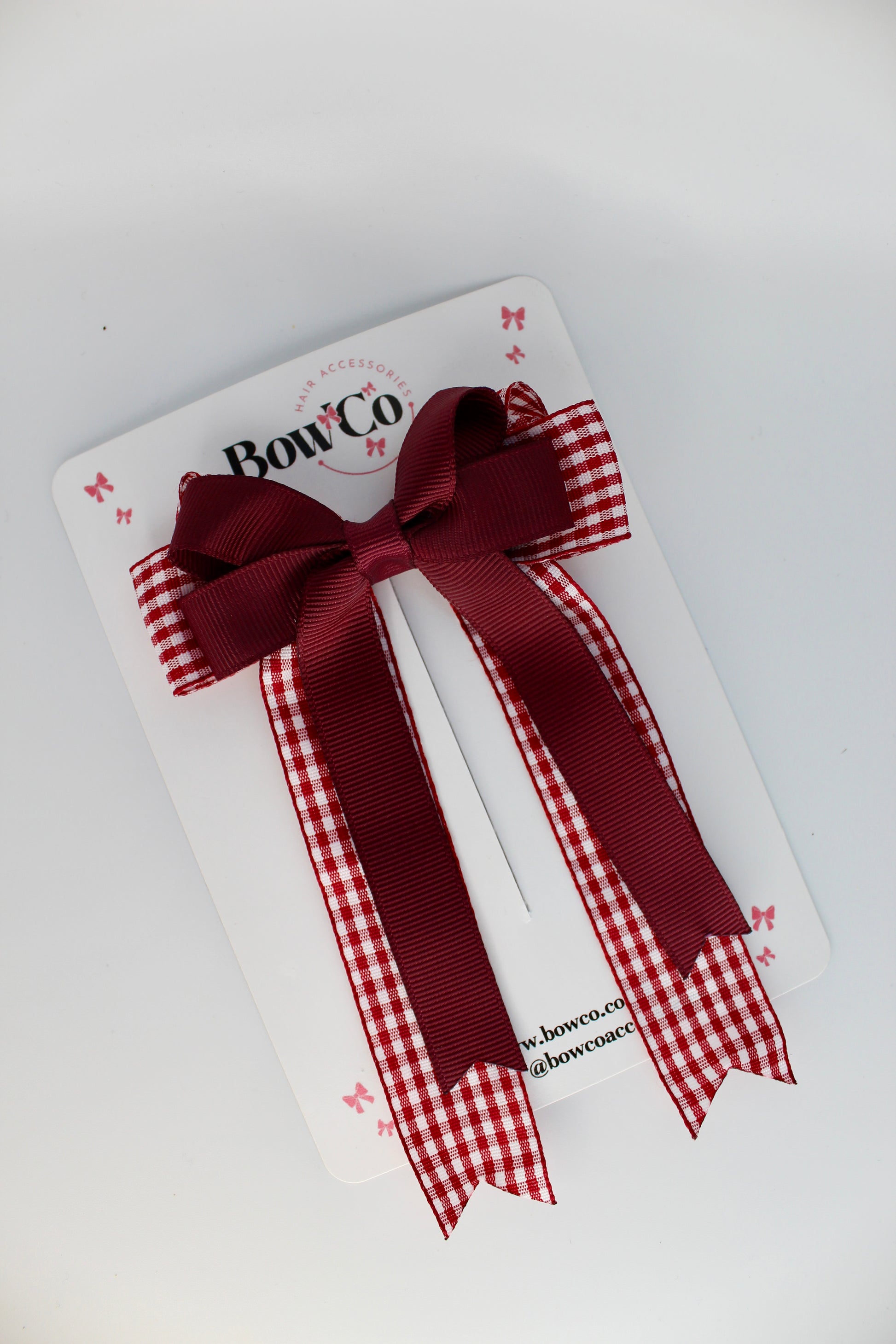 School Burgundy Gingham Tail Bow Clip