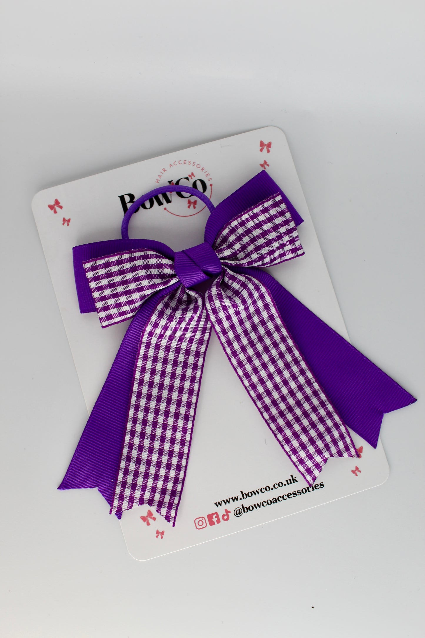 Double Ribbon Tail Bow - School Bow Purple Gingham - Elastic