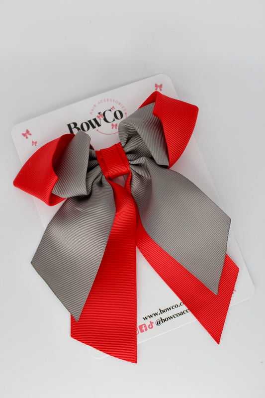 Layer Loop Tail Hair Bow - Clip - Red and Metal Grey
