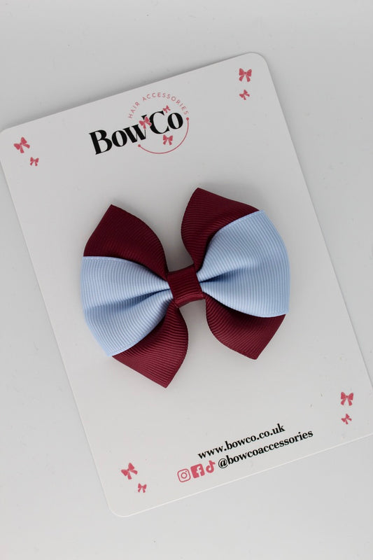 Burgundy and Bluebell - Round Tuxedo Bow - Clip