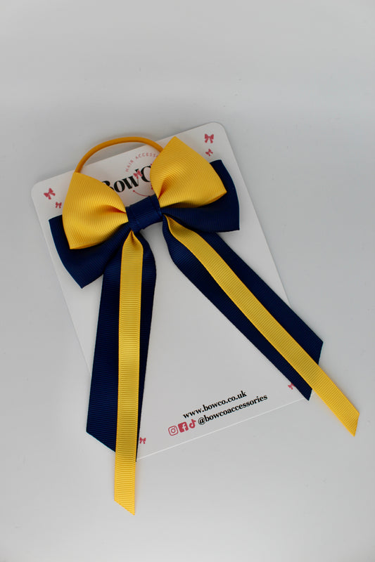 Streamer Tail School Hair Bow – Elastic - Navy Blue and Yellow Gold