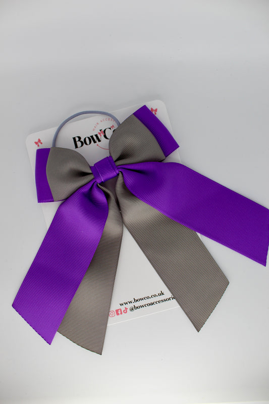Double Layer Tail Bow – Elastic - Purple and Metal Grey