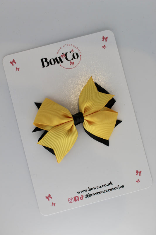 3 Inch Layer Tail Bow - Clip - Black and Yellow Gold