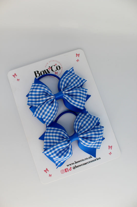School Bow Royal Blue Gingham Layer Tail Bow Set - Elastic