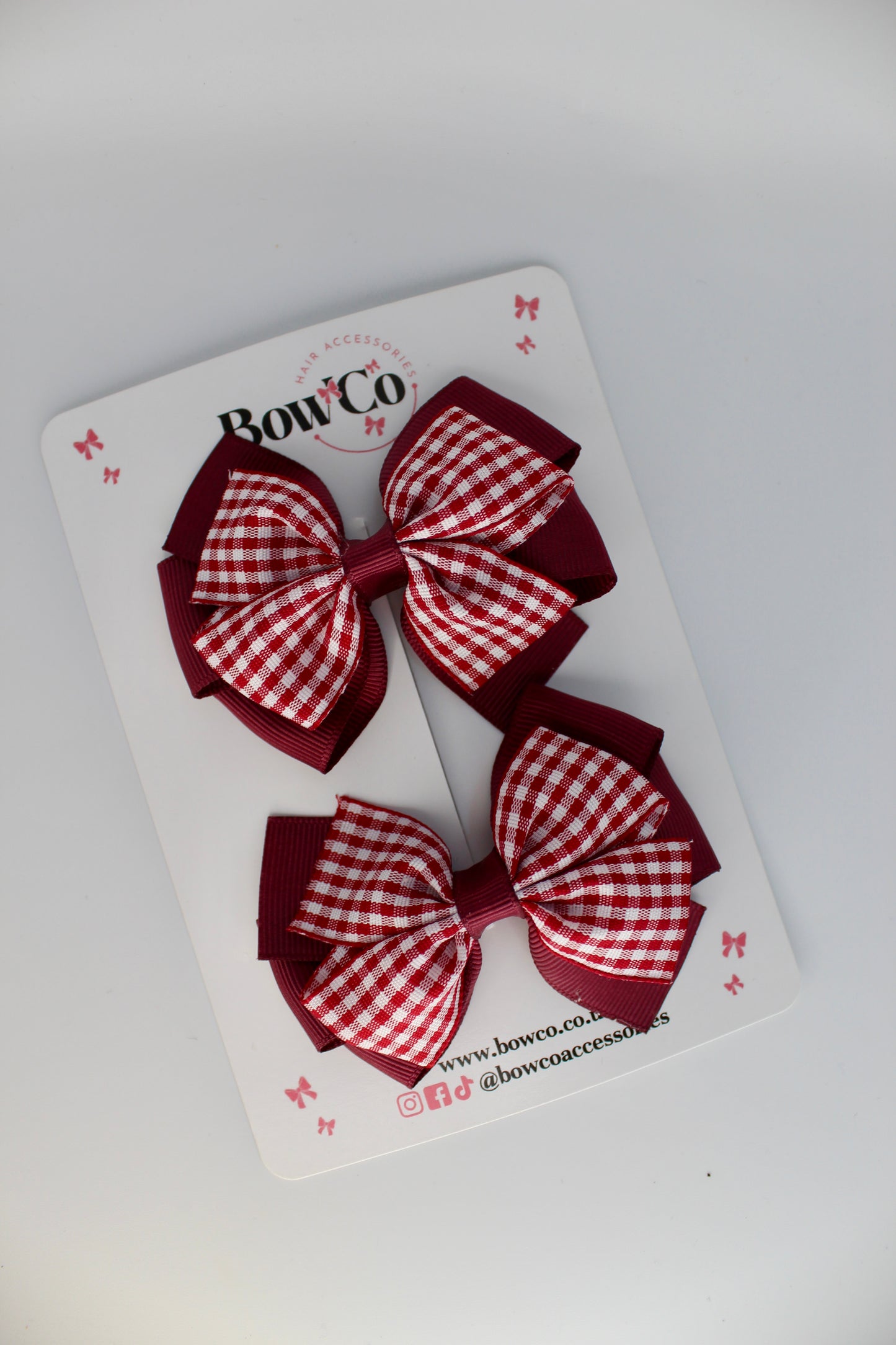 School Bow Burgundy Gingham Pinwheel Bow Set - Clip