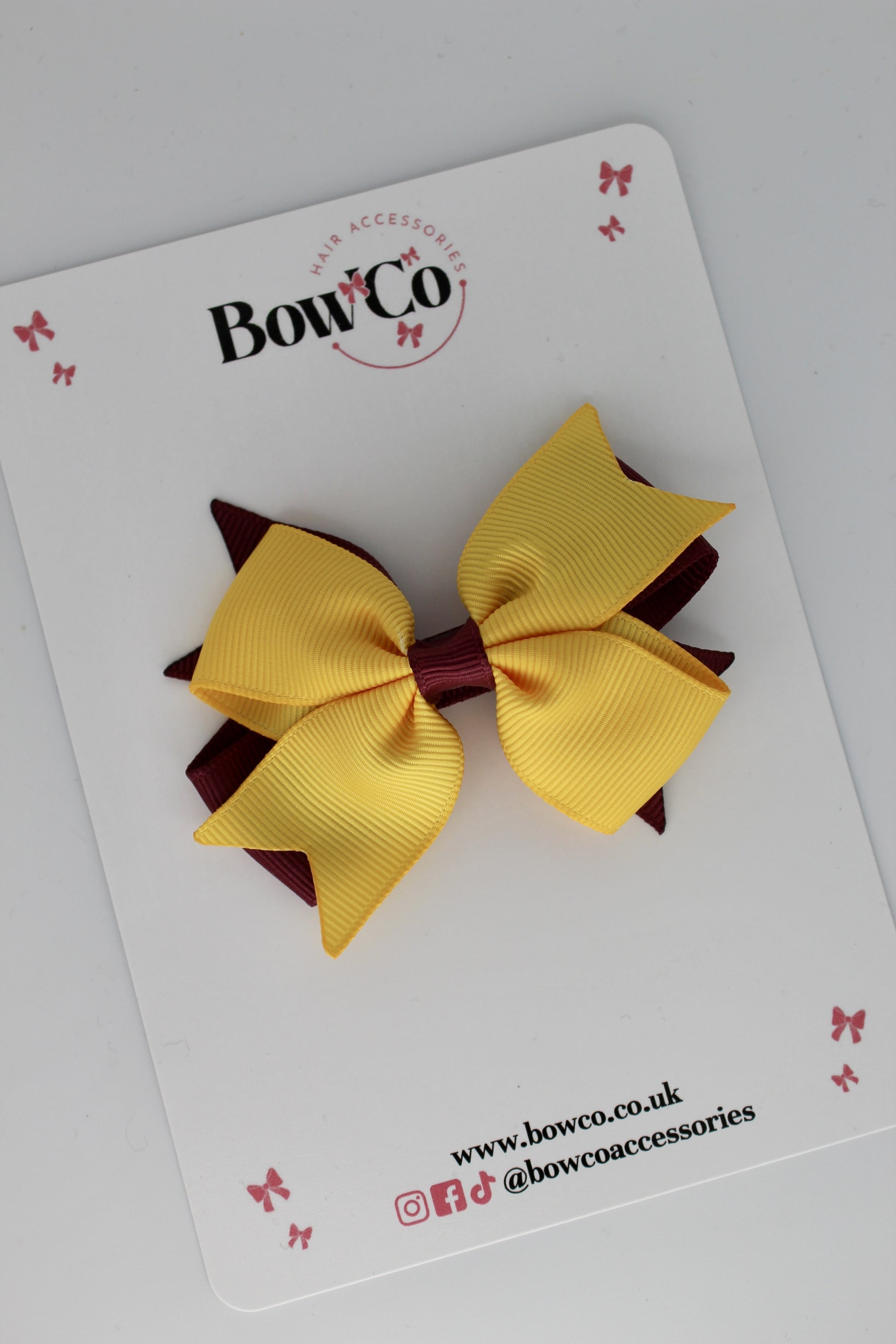 Burgundy and Yellow Gold - Layer Tail Bow - Clip