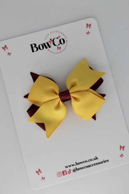 Burgundy and Yellow Gold - Layer Tail Bow - Clip
