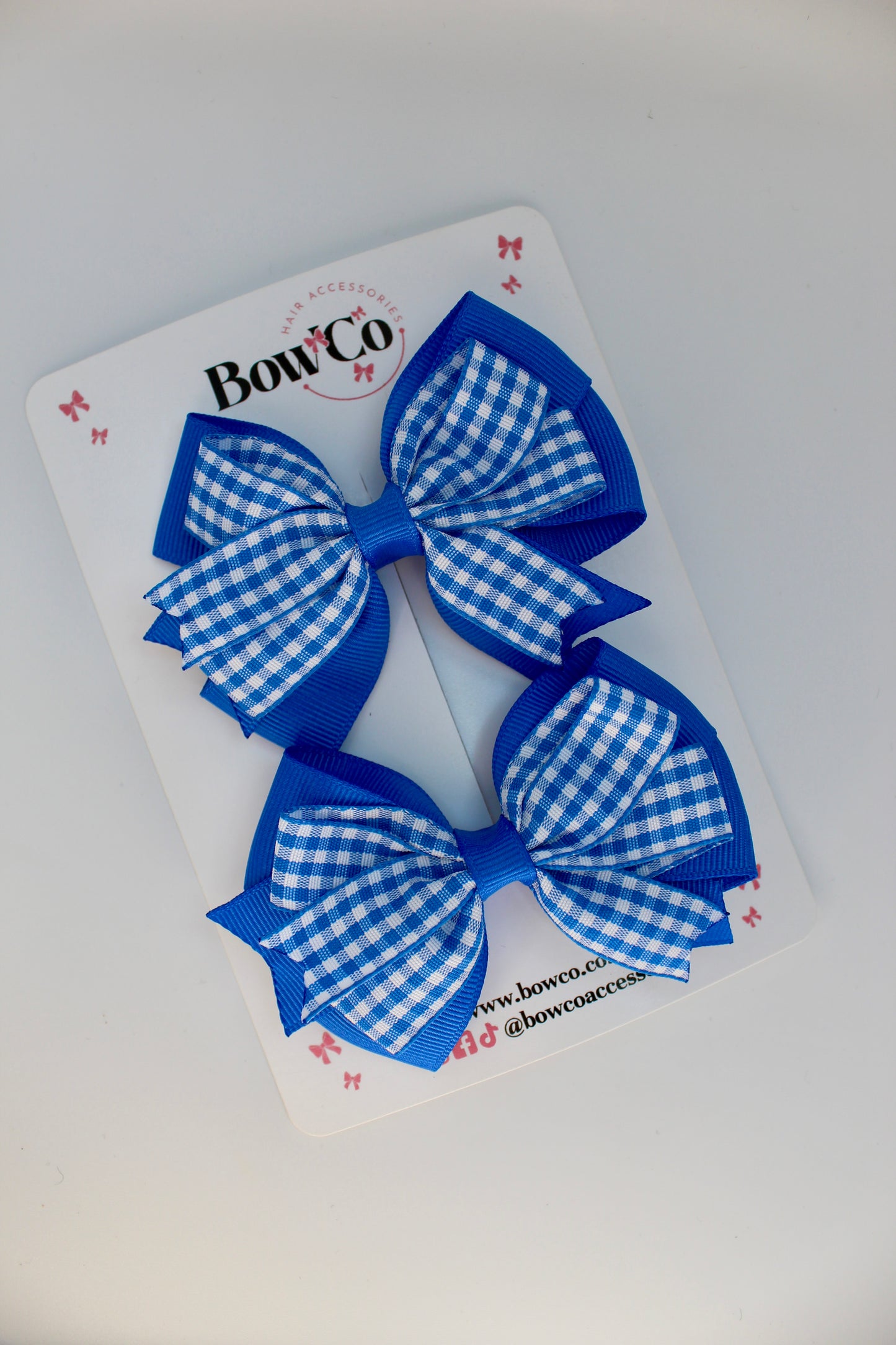 School Royal Blue Bow Gingham Double Tail Bow Set - Clip