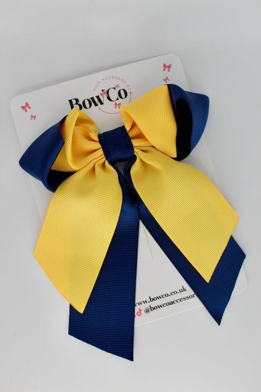 Layer Loop Tail Hair Bow - Clip - Navy Blue and Yellow Gold