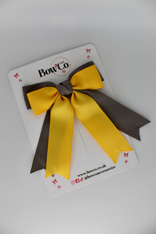 Double Ribbon Tail School Hair Bow – Clip - Metal Grey and Yellow Gold