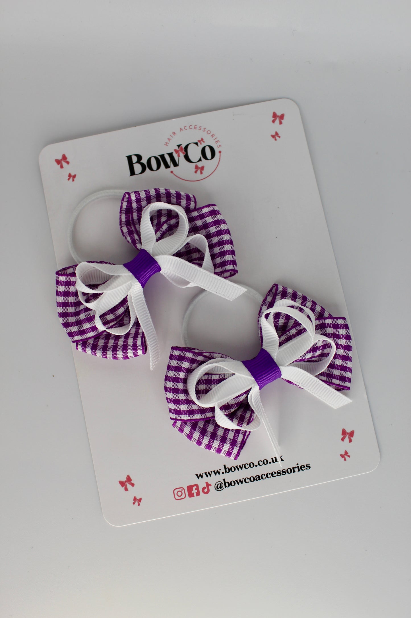 School Bow Purple and White Gingham Double Bow Set - Elastic