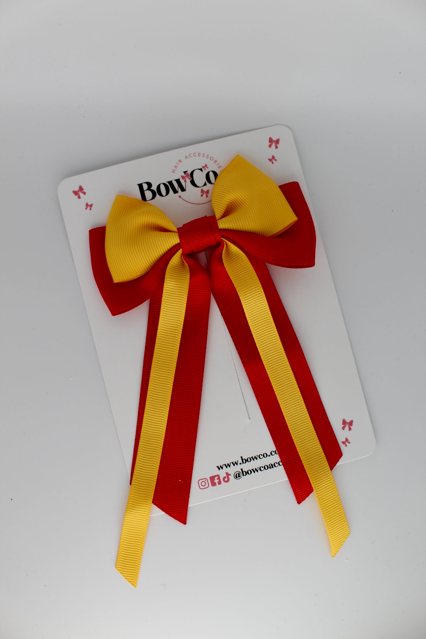 Streamer Tail Bow - Clip - Red and Yellow Gold