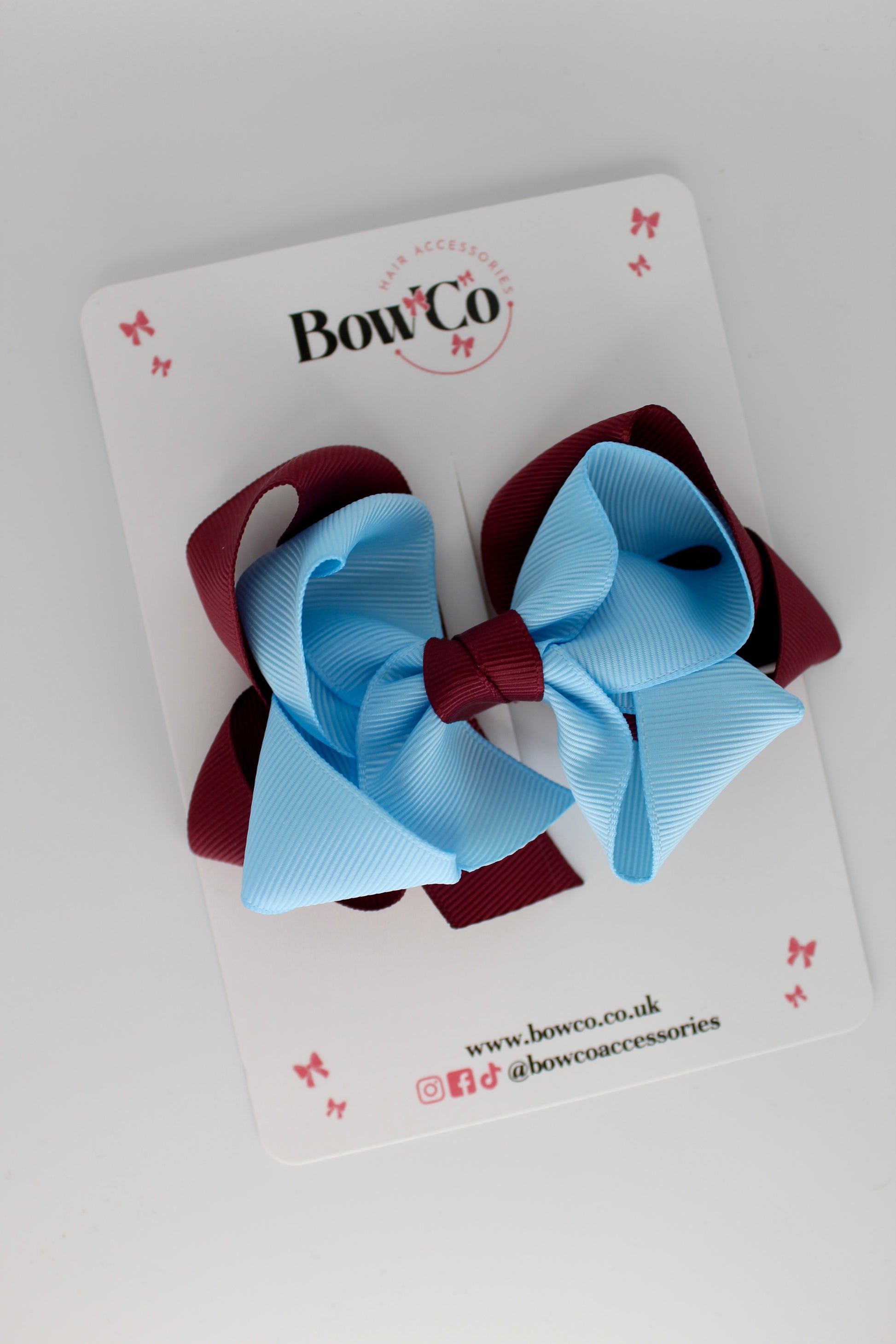 Double Loop School Hair Bow - Clip - Burgundy and Blue Topaz