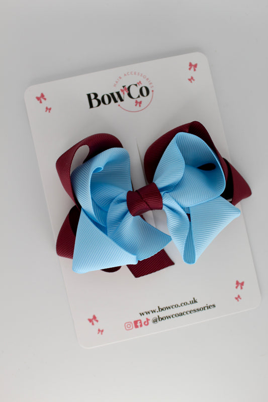 Double Loop School Hair Bow - Clip - Burgundy and Blue Topaz