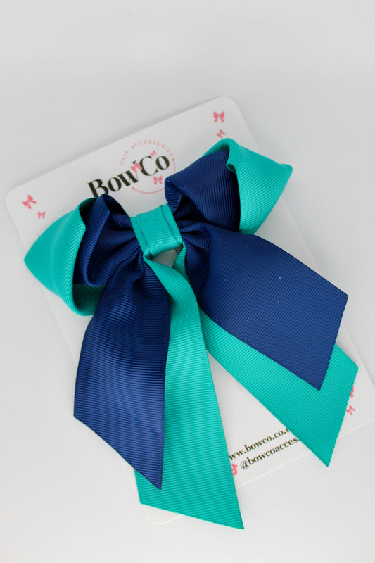 Layer Loop Tail Hair Bow - Clip - Jade Green and Navy Blue